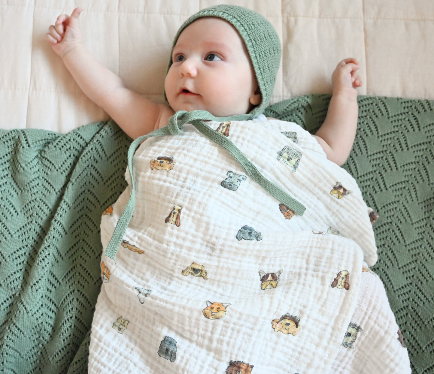 Bonnet and Booties - Sage - GOTS Certified Organic Cotton